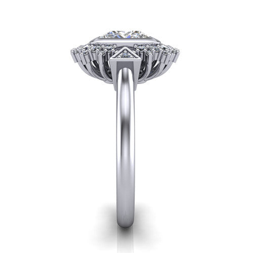 Aubrey princess halo engagement ring in Platinum with bezel center and vintage sunburst halo, side profile showing the plain band and raised halo gallery