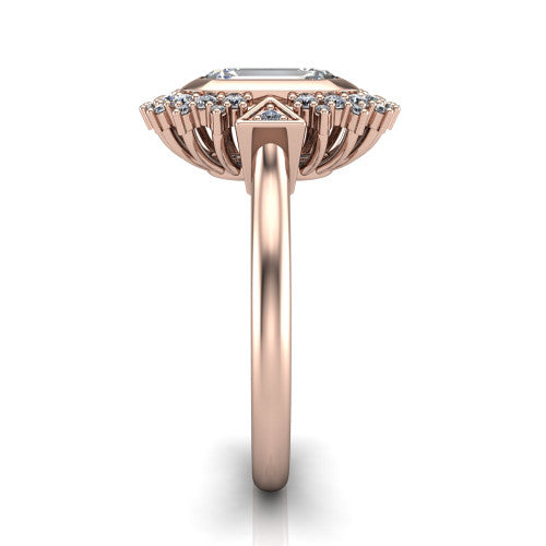 Aubrey emerald halo engagement ring in 18K Rose Gold with bezel center and vintage sunburst halo, side profile showing the plain band and raised halo gallery