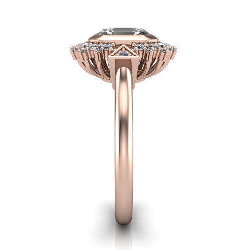 Aubrey asscher halo engagement ring in 18K Rose Gold with bezel center and vintage sunburst halo, side profile showing the plain band and raised halo gallery
