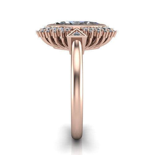 Aubrey marquise halo engagement ring in 18K Rose Gold with bezel center and vintage sunburst halo, side profile showing the plain band and raised halo gallery