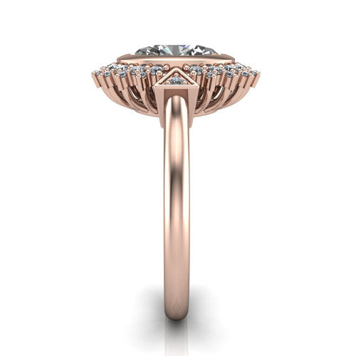 Aubrey oval halo engagement ring in 14K Rose Gold with bezel center and vintage sunburst halo, side profile showing the plain band and raised halo gallery
