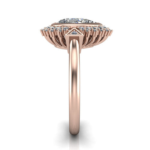 Aubrey pear halo engagement ring in 14K Rose Gold with bezel center and vintage sunburst halo, side profile showing the plain band and raised halo gallery