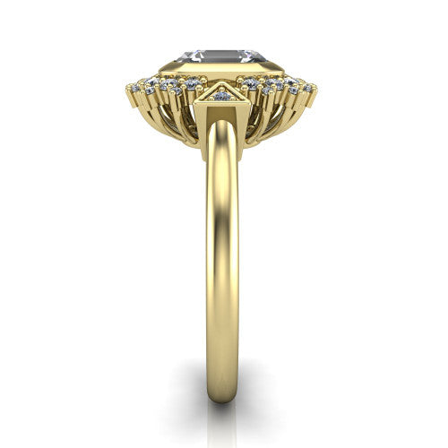 Aubrey asscher halo engagement ring in 18K Yellow Gold with bezel center and vintage sunburst halo, side profile showing the plain band and raised halo gallery