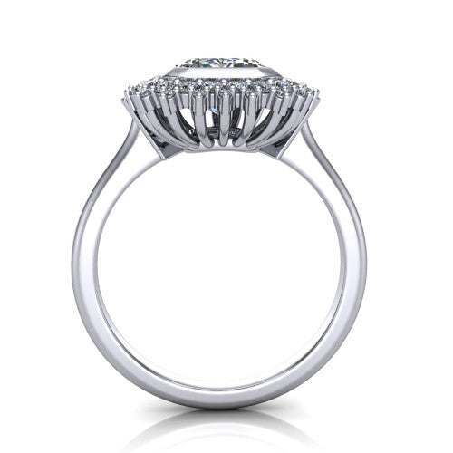 Aubrey emerald halo engagement ring in 18K White Gold with bezel center and vintage sunburst halo, through-finger front profile