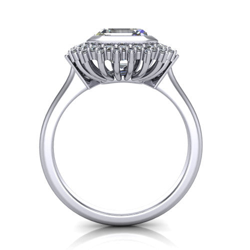 Aubrey asscher halo engagement ring in Platinum with bezel center and vintage sunburst halo, through-finger front profile