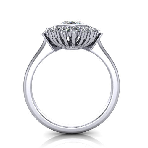 Aubrey marquise halo engagement ring in 18K White Gold with bezel center and vintage sunburst halo, through-finger front profile