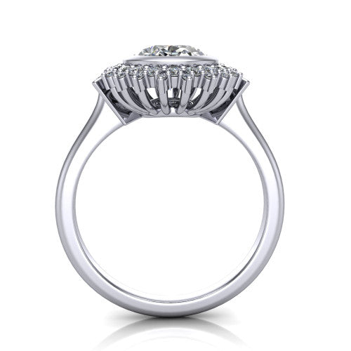Aubrey oval halo engagement ring in 14K White Gold with bezel center and vintage sunburst halo, through-finger front profile