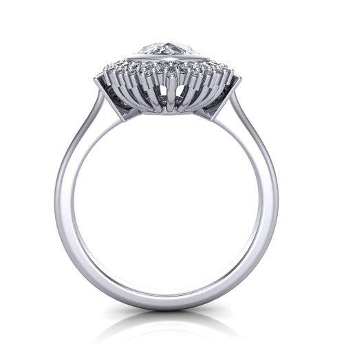 Aubrey pear halo engagement ring in Platinum with bezel center and vintage sunburst halo, through-finger front profile