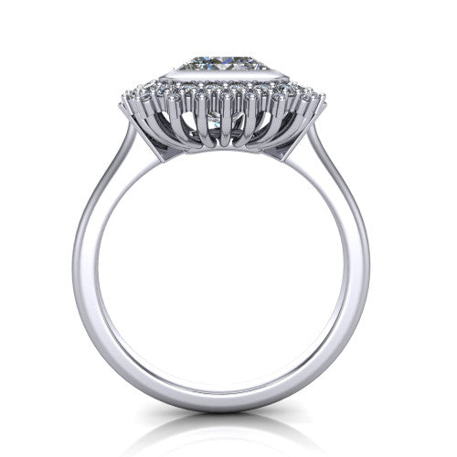 Aubrey princess halo engagement ring in 14K White Gold with bezel center and vintage sunburst halo, through-finger front profile