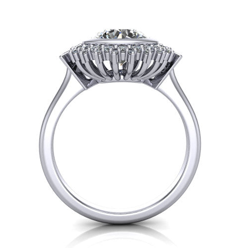 Aubrey round halo engagement ring in 14K White Gold with bezel center and vintage sunburst halo, through-finger front profile
