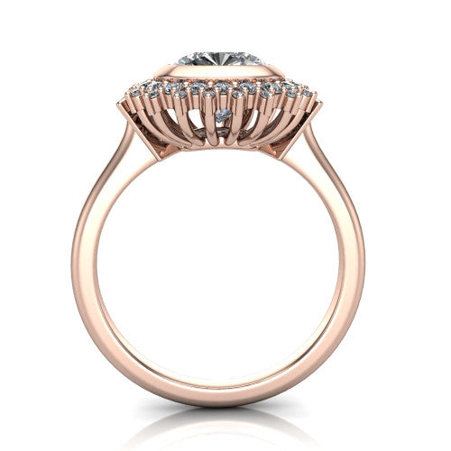 Aubrey cushion halo engagement ring in 18K Rose Gold with bezel center and vintage sunburst halo, through-finger front profile