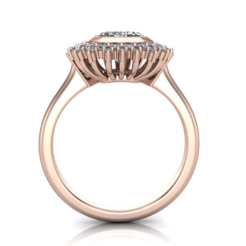 Aubrey emerald halo engagement ring in 18K Rose Gold with bezel center and vintage sunburst halo, through-finger front profile