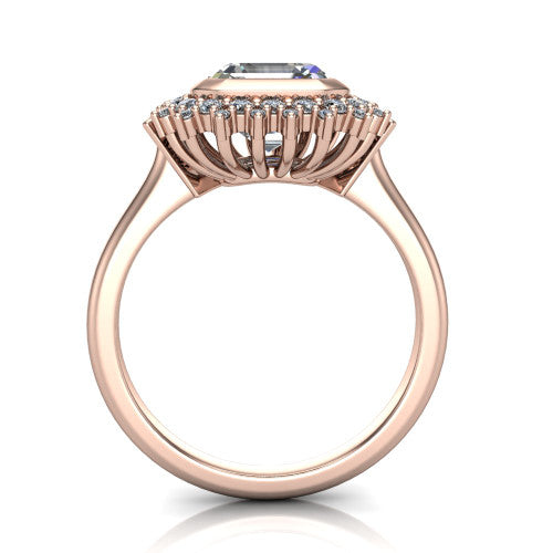 Aubrey asscher halo engagement ring in 14K Rose Gold with bezel center and vintage sunburst halo, through-finger front profile