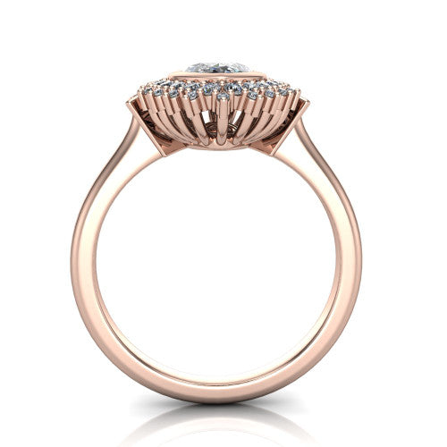 Aubrey marquise halo engagement ring in 14K Rose Gold with bezel center and vintage sunburst halo, through-finger front profile