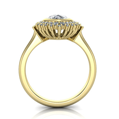 Aubrey pear halo engagement ring in 14K Yellow Gold with bezel center and vintage sunburst halo, through-finger front profile