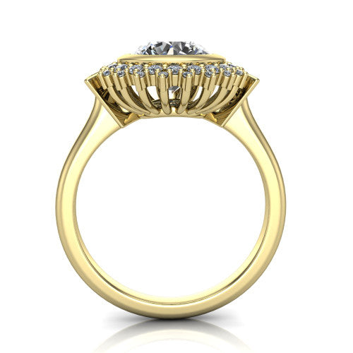Aubrey round halo engagement ring in 14K Yellow Gold with bezel center and vintage sunburst halo, through-finger front profile