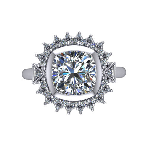 Aubrey cushion halo engagement ring in 14K White Gold with bezel center and vintage sunburst halo, top-down view of the bezel center and sunburst halo