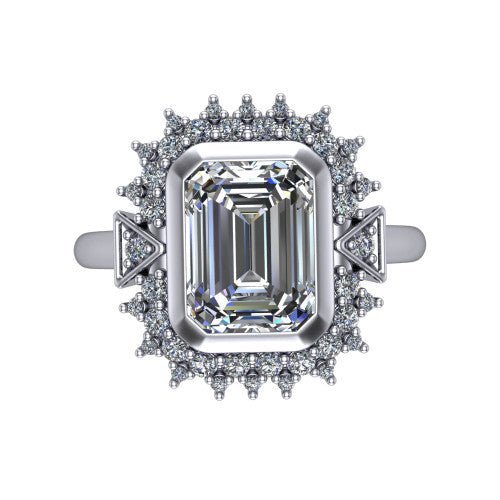 Aubrey emerald halo engagement ring in 18K White Gold with bezel center and vintage sunburst halo, top-down view of the bezel center and sunburst halo