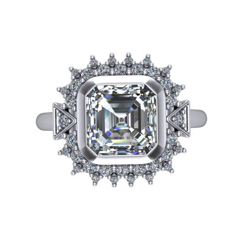 Aubrey asscher halo engagement ring in Platinum with bezel center and vintage sunburst halo, top-down view of the bezel center and sunburst halo
