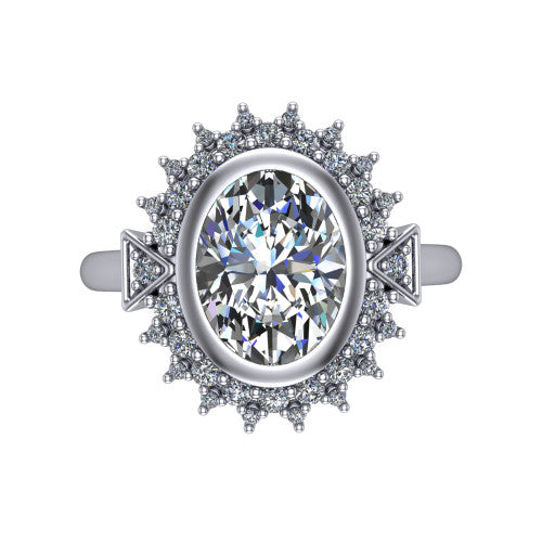 Aubrey oval halo engagement ring in 18K White Gold with bezel center and vintage sunburst halo, top-down view of the bezel center and sunburst halo