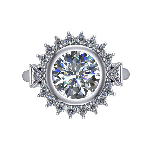 Aubrey round halo engagement ring in 14K White Gold with bezel center and vintage sunburst halo, top-down view of the bezel center and sunburst halo