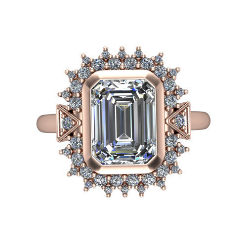 Aubrey emerald halo engagement ring in 18K Rose Gold with bezel center and vintage sunburst halo, top-down view of the bezel center and sunburst halo