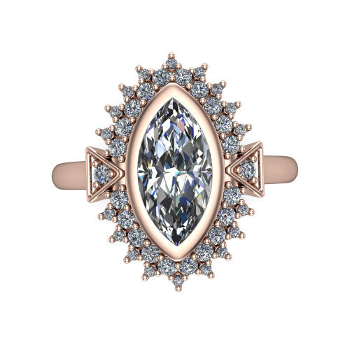 Aubrey marquise halo engagement ring in 18K Rose Gold with bezel center and vintage sunburst halo, top-down view of the bezel center and sunburst halo