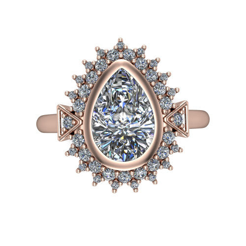 Aubrey pear halo engagement ring in 14K Rose Gold with bezel center and vintage sunburst halo, top-down view of the bezel center and sunburst halo