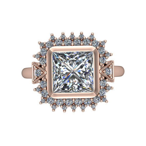 Aubrey princess halo engagement ring in 18K Rose Gold with bezel center and vintage sunburst halo, top-down view of the bezel center and sunburst halo