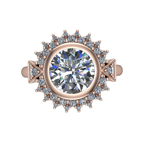 Aubrey round halo engagement ring in 14K Rose Gold with bezel center and vintage sunburst halo, top-down view of the bezel center and sunburst halo