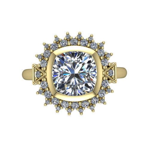 Aubrey cushion halo engagement ring in 14K Yellow Gold with bezel center and vintage sunburst halo, top-down view of the bezel center and sunburst halo
