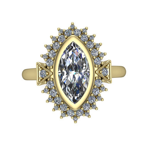 Aubrey marquise halo engagement ring in 18K Yellow Gold with bezel center and vintage sunburst halo, top-down view of the bezel center and sunburst halo
