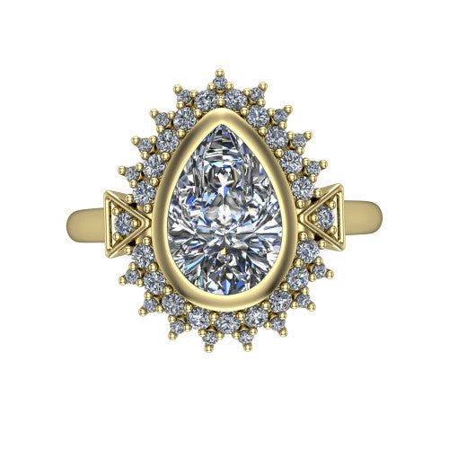 Aubrey pear halo engagement ring in 14K Yellow Gold with bezel center and vintage sunburst halo, top-down view of the bezel center and sunburst halo