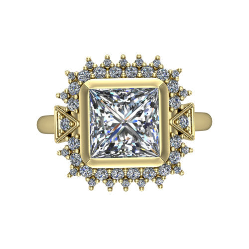 Aubrey princess halo engagement ring in 18K Yellow Gold with bezel center and vintage sunburst halo, top-down view of the bezel center and sunburst halo