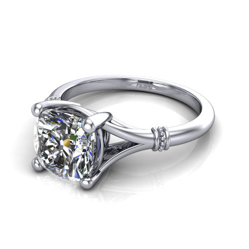 Luna cushion classic solitaire engagement ring in 14K White Gold, three-quarter perspective showing the cushion center on claw prongs above a plain split shank with pav&eacute; accent collars