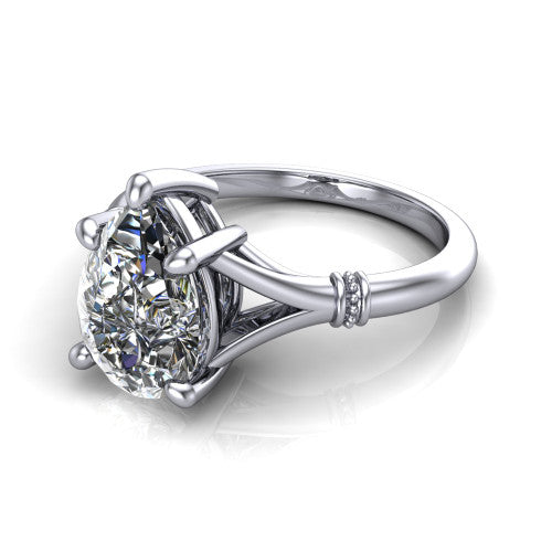 Luna pear classic solitaire engagement ring in Platinum, three-quarter perspective showing the pear center on claw prongs above a plain split shank with pav&eacute; accent collars