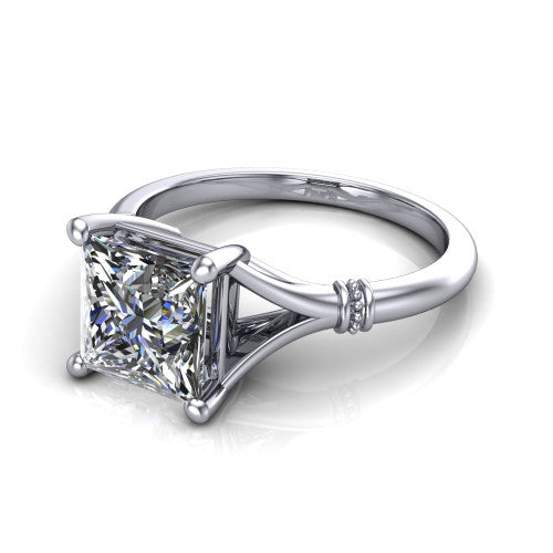 Luna princess classic solitaire engagement ring in Platinum, three-quarter perspective showing the princess center on claw prongs above a plain split shank with pav&eacute; accent collars