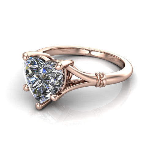 Luna heart classic solitaire engagement ring in 18K Rose Gold, three-quarter perspective showing the heart center on claw prongs above a plain split shank with pav&eacute; accent collars