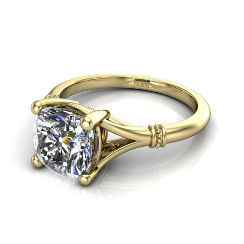 Luna cushion classic solitaire engagement ring in 18K Yellow Gold, three-quarter perspective showing the cushion center on claw prongs above a plain split shank with pav&eacute; accent collars