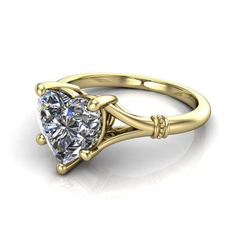Luna heart classic solitaire engagement ring in 18K Yellow Gold, three-quarter perspective showing the heart center on claw prongs above a plain split shank with pav&eacute; accent collars