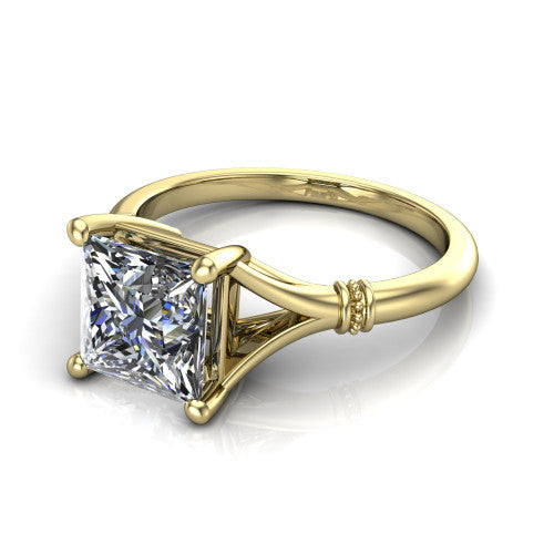 Luna princess classic solitaire engagement ring in 18K Yellow Gold, three-quarter perspective showing the princess center on claw prongs above a plain split shank with pav&eacute; accent collars