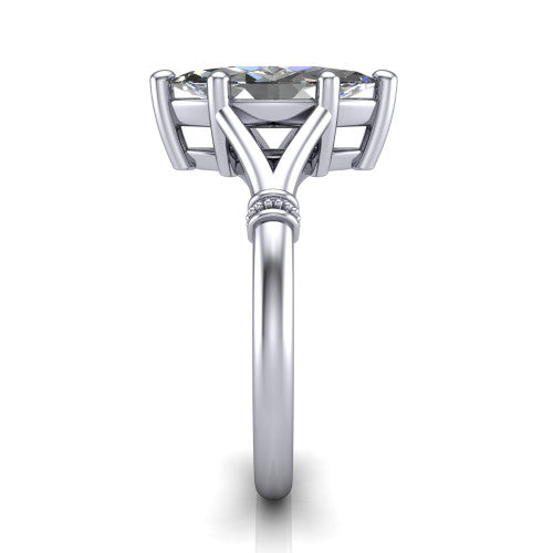 Luna marquise classic solitaire engagement ring in 18K White Gold, side profile showing the plain split shank with pav&eacute; accent collars rising to the marquise center