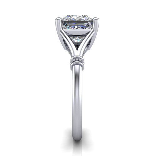 Luna princess classic solitaire engagement ring in Platinum, side profile showing the plain split shank with pav&eacute; accent collars rising to the princess center