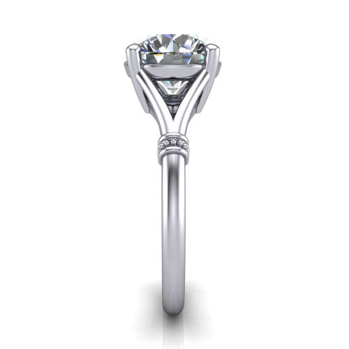 Luna round classic solitaire engagement ring in 14K White Gold, side profile showing the plain split shank with pav&eacute; accent collars rising to the round center