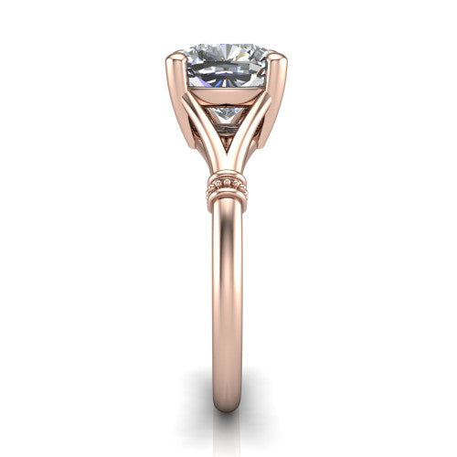 Luna cushion classic solitaire engagement ring in 18K Rose Gold, side profile showing the plain split shank with pav&eacute; accent collars rising to the cushion center