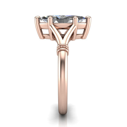 Luna marquise classic solitaire engagement ring in 18K Rose Gold, side profile showing the plain split shank with pav&eacute; accent collars rising to the marquise center
