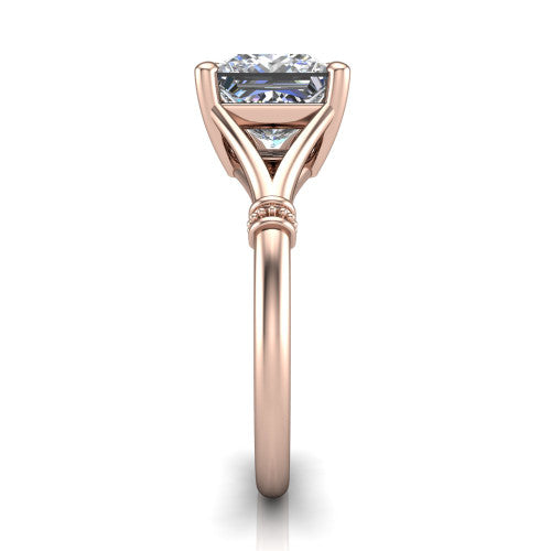 Luna princess classic solitaire engagement ring in 18K Rose Gold, side profile showing the plain split shank with pav&eacute; accent collars rising to the princess center