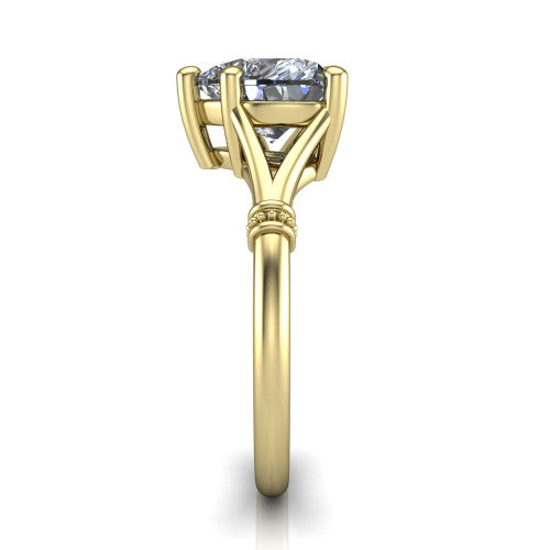 Luna heart classic solitaire engagement ring in 18K Yellow Gold, side profile showing the plain split shank with pav&eacute; accent collars rising to the heart center