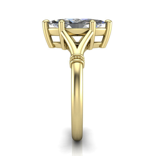 Luna marquise classic solitaire engagement ring in 18K Yellow Gold, side profile showing the plain split shank with pav&eacute; accent collars rising to the marquise center