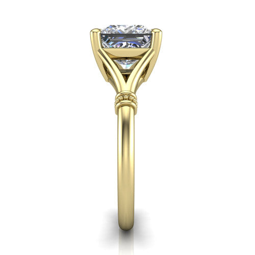 Luna princess classic solitaire engagement ring in 18K Yellow Gold, side profile showing the plain split shank with pav&eacute; accent collars rising to the princess center